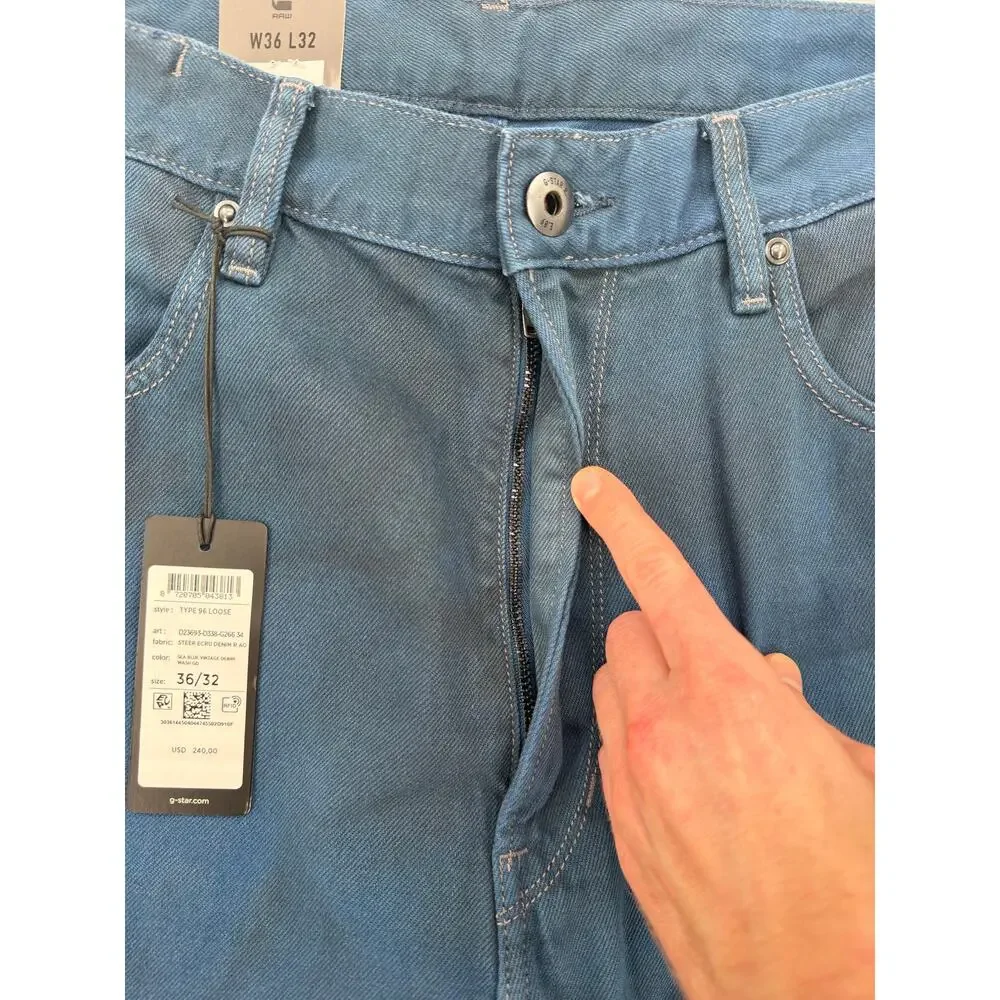 NWT G-Star Raw Type 96 Loose Sea Blue Vintage Wash Jeans Denim Size 36/32